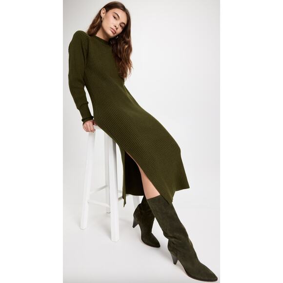 Anine Bing‎ Women's Army Green Aurora Rib Knit Side Slit Midi Dress Size Small - Picture 1 of 7